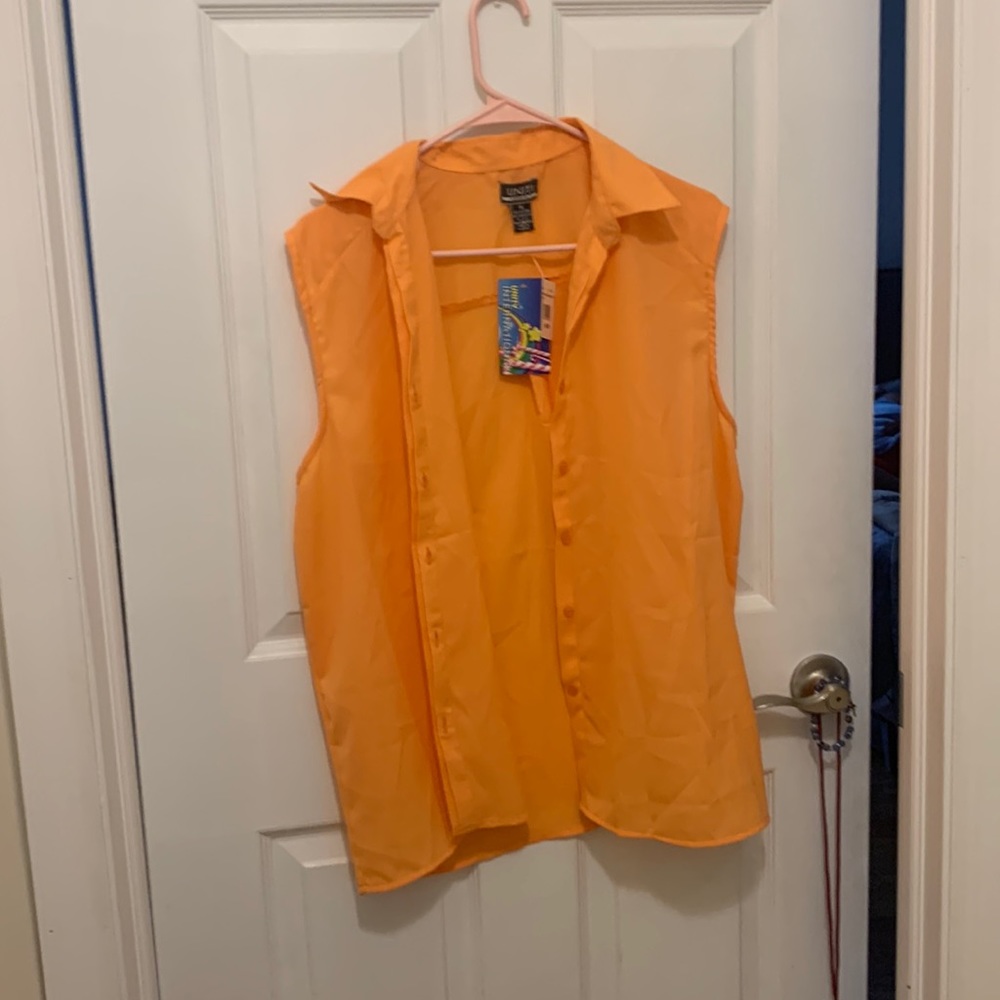 orange sleeveless button-up